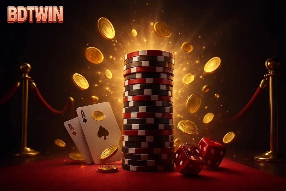 BDTWIN App Download — tower of poker chips on a red carpet with coins bursting