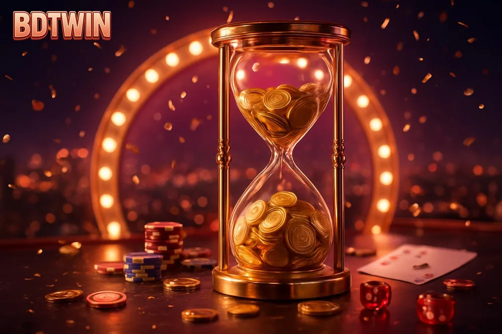 BDTWIN Aviator Game — hourglass full of gold coins on a rooftop at night