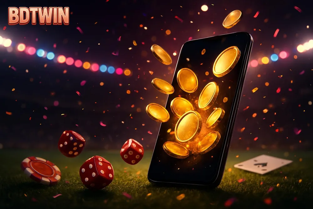 BDTWIN bKash Deposit — smartphone erupting coins on a floodlit stadium pitch