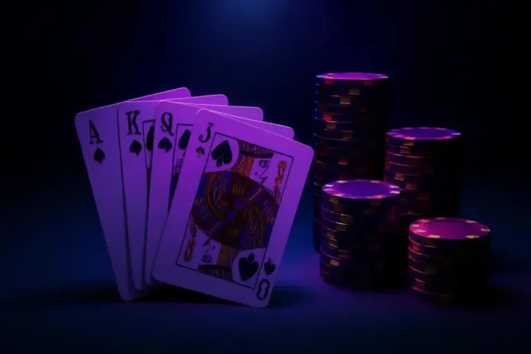 Playing cards and casino chips on a dark felt table, card games at BDTWIN