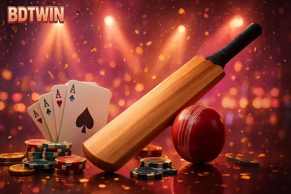 BDTWIN Cricket Betting โ cricket bat and ball on a spotlighted stage with confetti BDTWIN Cricket Betting โ cricket bat and ball on a spotlighted stage with confetti