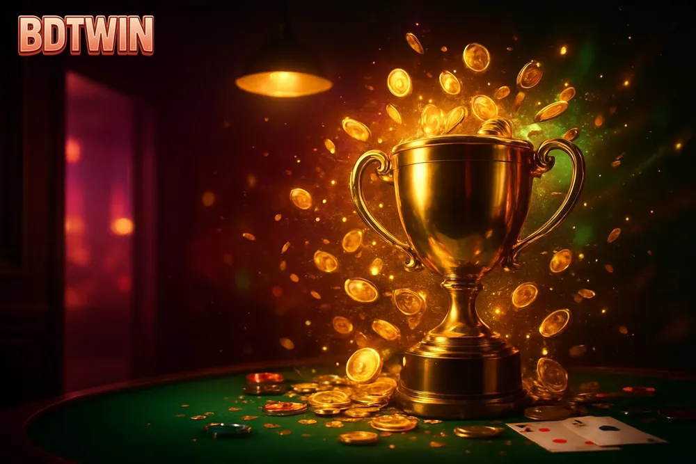 BDTWIN Cricket Betting โ golden trophy cup glowing on a green felt table BDTWIN Cricket Betting โ golden trophy cup glowing on a green felt table