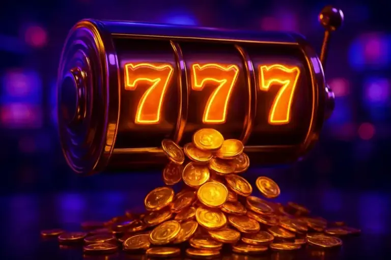 Golden slot machine reels with a cascade of coins, slots at BDTWIN