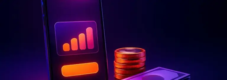 Mobile wallet app on a phone, a balance card on screen and coins nearby