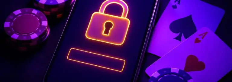 Login screen with a padlock symbol on a mobile phone, framed by chips and cards