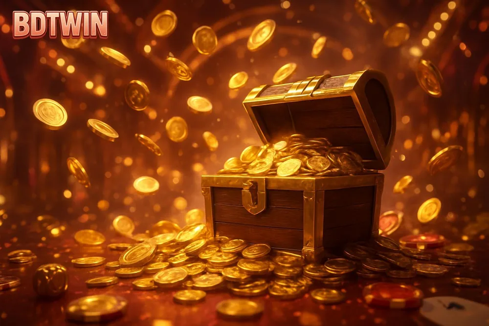 BDTWIN Signup Bonus — treasure chest overflowing with coins in a mirrored hall