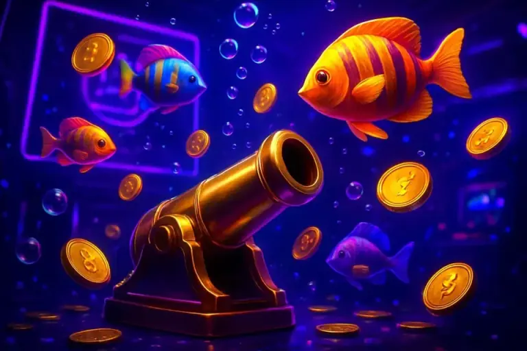 Underwater fishing arcade game with a golden cannon and tropical fish, BDTWIN